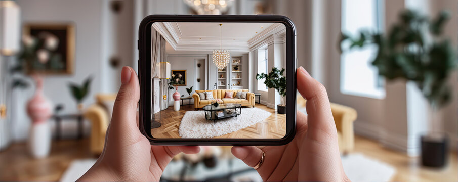hands holding a Smartphone and take a picture of modern livingroom. Interior designer work with mobile.