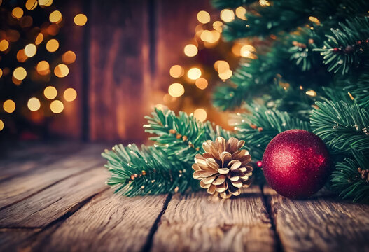Christmas-themed image with a brown wooden background, pine branches, red and golden ornaments.