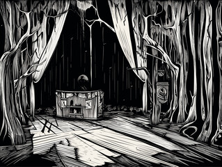 A Black And White Illustration Of A Stage With A Stage And Trees - a stage on an exhibition.
