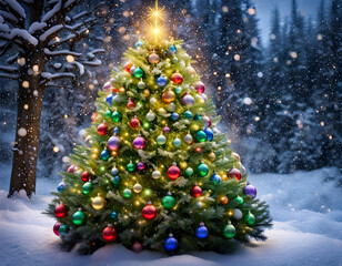 Beautiful close up view of decorated Christmas tree joyous decorations in snowy area