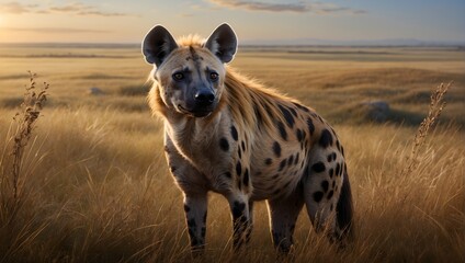 realistic portrait of a hyena on the prairie - obrazy, fototapety, plakaty