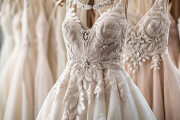 Details of the wedding dresses for the bride in the shop window.