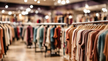 Clothing store in shopping mall, shallow depth of focus. Blurred background - obrazy, fototapety, plakaty