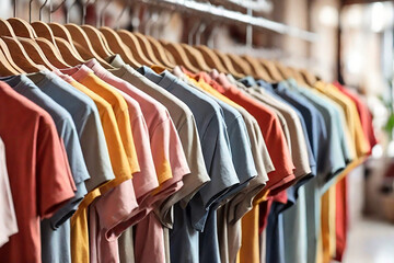 Obraz premium Colorful t-shirts on hangers in fashion store, closeup