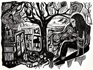 A Black And White Drawing Of A Woman Sitting On A Chair Under A Tree - a students drawing from life.