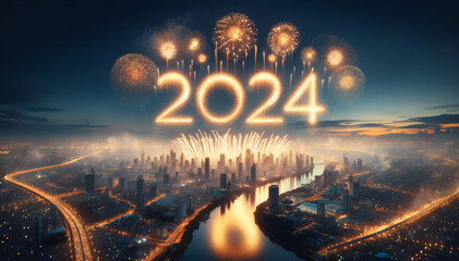 Spectacular 2024 Fireworks Display over City Skyline at Night - obrazy, fototapety, plakaty