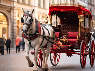 A charming horse-drawn carriage leads the way on a bustling city street.