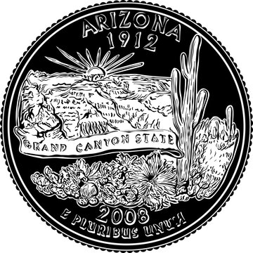 American money, USA quarter dollar Arizona silver coin, Grand Canyon on reverse. Black and white