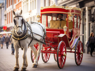 Fototapeta na wymiar A charming horsedrawn carriage showcasing tradition, gracefully moving on a bustling city street.