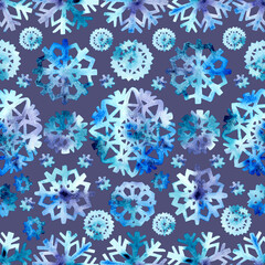 Seamless winter pattern. Watercolour snowflakes. Frost crystals drawn by hand. Hand drawn illustration on a violet background. For fabric, sketchbook, wallpaper, wrapping paper.