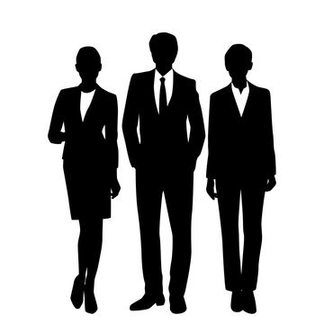 Vector silhouettes of  two women and a man, a group of standing   business people, profile, black  color isolated on white background