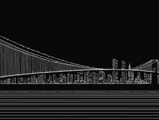 A Drawing Of A Bridge With A City In The Background - Brooklyn bridge and manhattan skyline