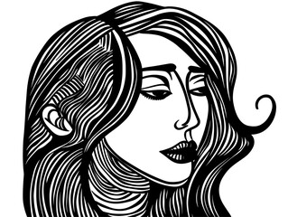A Black And White Drawing Of A Woman With Long Hair - bust of 25 year old woman lino cut.