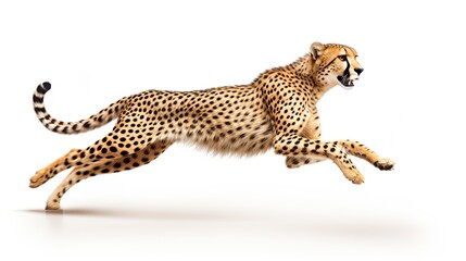 Running cheetah preparing to jump, full body length on isolated white background - obrazy, fototapety, plakaty