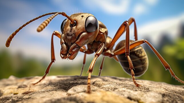 Close up macro an ant portrait on a ground full body length