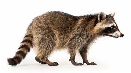 Fototapeta premium Close up of a raccoon walking on isolated white background, side view