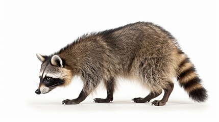 Close up of a raccoon walking on isolated white background, side view - obrazy, fototapety, plakaty