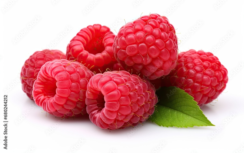 Wall mural Bunch of raspberries with green leaves on isolated white background