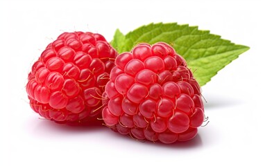 Two raspberries with green leaves on isolated white background