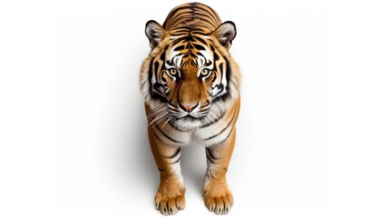 Close up portrait of a tiger looking at the camera on isolated white background, top perspective...