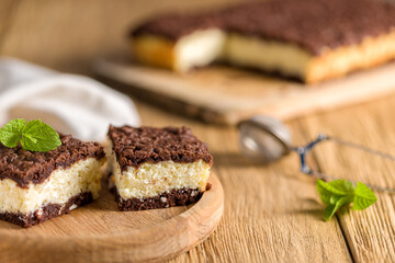 Cheese cake. Homemade cheesecake with mint for dessert