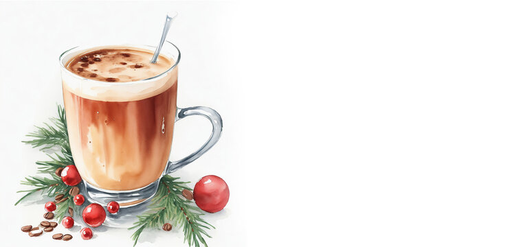 watercolor illustration Christmas drink in a glass, hot chocolate, cocoa with marshmallows, Christmas decorations, banner, place for text