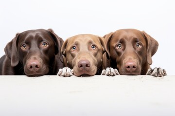 Group portrait photography of a funny labrador retriever digging against a white background. With...