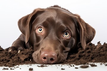 Group portrait photography of a funny labrador retriever digging against a white background. With generative AI technology
