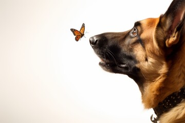 Close-up portrait photography of a curious german shepherd having a butterfly on its nose against a white background. With generative AI technology - obrazy, fototapety, plakaty