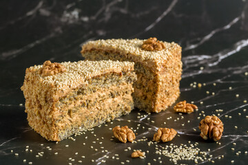 Walnut and poppy seed cake. Close up