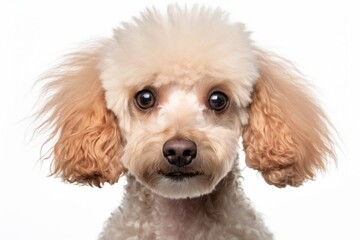 Headshot portrait photography of a cute poodle being at a spa against a white background. With generative AI technology