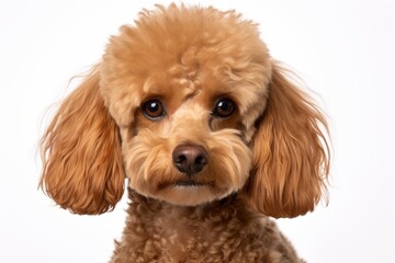 Headshot portrait photography of a cute poodle being at a spa against a white background. With generative AI technology
