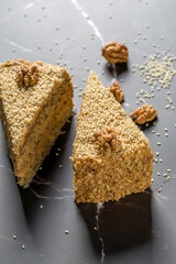 Walnut and poppy seed cake. Close up