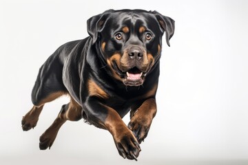 Fototapeta premium Medium shot portrait photography of a curious rottweiler running against a white background. With generative AI technology