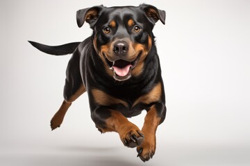 Obraz premium Medium shot portrait photography of a curious rottweiler running against a white background. With generative AI technology