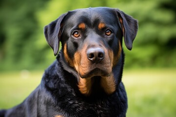 Close-up portrait photography of a funny rottweiler being at a dog park against a white background. With generative AI technology