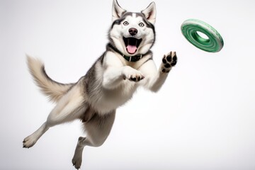 Full-length portrait photography of a happy siberian husky catching a frisbee against a white background. With generative AI technology