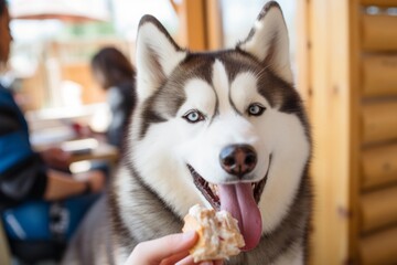 Lifestyle portrait photography of a cute siberian husky holding a dog treat in its mouth against a white background. With generative AI technology