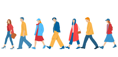  Set of young men and women, different colors, cartoon character, group of silhouettes of walking business people, profile, students,  design concept of flat icon, isolated on white background