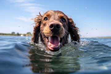 Environmental portrait photography of a smiling cocker spaniel swimming in a lake against a white background. With generative AI technology