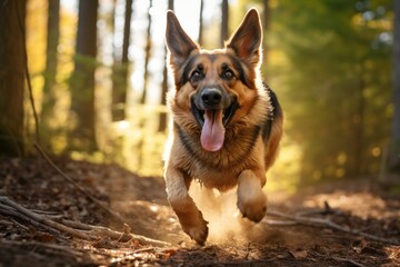 Lifestyle portrait photography of a happy german shepherd chasing his tail against a forest background. With generative AI technology - obrazy, fototapety, plakaty