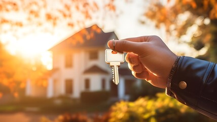 A hand holding a key in front of its new house, new home buying concept.