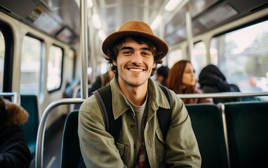 A fair-skinned young guy in a light jacket rides on a bus. Traveling and Tourism Concept.