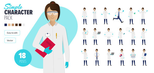 Simple flat female scientist woman vector character in a set of multiple poses. Easy to edit and isolated on a white background. Modern trendy style character mega pack with lots of poses.