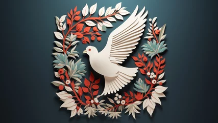 Fotobehang dove of peace cut paper illustration with space for copy, holiday card design © Mattie
