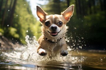 Lifestyle portrait photography of a curious chihuahua shaking off water after swimming against a forest background. With generative AI technology