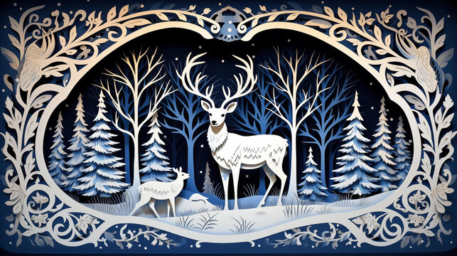 Cut paper scene of deer in the winter snow holiday card christmas diorama 