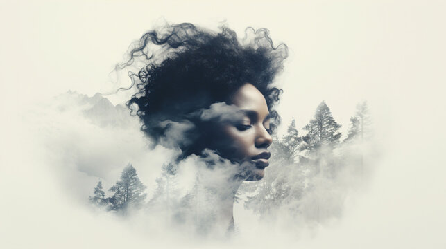 A double exposure illustration of a woman with black hair standing in front of a forest