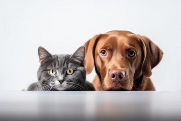 Medium shot portrait photography of a cute labrador retriever being with a pet cat against a...
