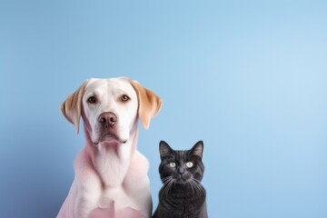 Medium shot portrait photography of a cute labrador retriever being with a pet cat against a minimalist or empty room background. With generative AI technology